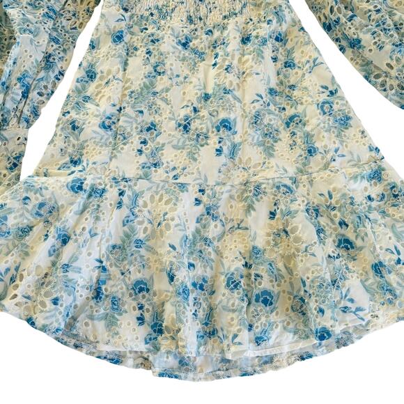 En Saison Claire Floral Blue Eyelet Open Front Long Sleeve Mini Dress Sz Medium - Picture 11 of 11